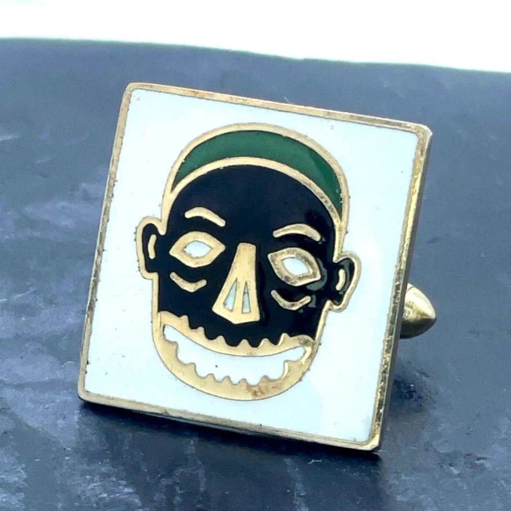 Vintage Swank Tribal Mask White Black Green Enamel Gold Bullet Back Cufflinks